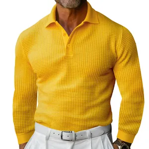 Detail showing the intricate yellow waffle knit texture of this men's polo shirt