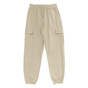 Heren katoenen linnen cargo broek met trekkoord en grote zakken in beige losse pasvorm