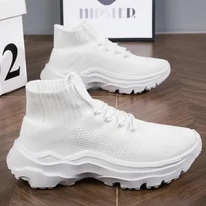 Breathable white fly-knit high-top sneakers featuring thick platform soles and slip-on design