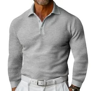 Detail view of men's gray waffle knit long sleeve Polo shirt with button lapel