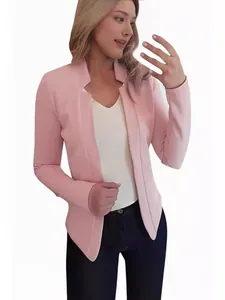 Elegant pink open-front blazer cardigan for women, professional slim-fit work jacket.