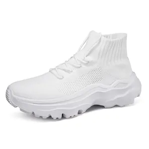 Detailed side view of white breathable high-top fly-knit sneakers with chunky wavy sole