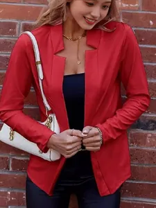 Professional elegant solid red open-front blazer for women featuring a stylish notched collar