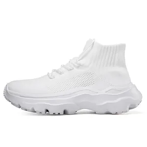 Close-up detail of white breathable knit high-top sock sneakers with wavy thick sole