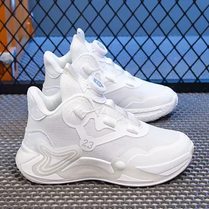 White breathable kids basketball shoes with rotary buckle and durable mesh upper design