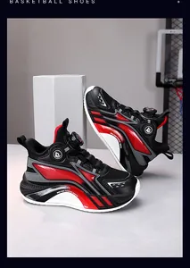 Professional boys' breathable red and black basketball shoes with rotary dial lace system