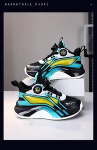 Professional boys basketball shoes with breathable mesh and cyan lime green details