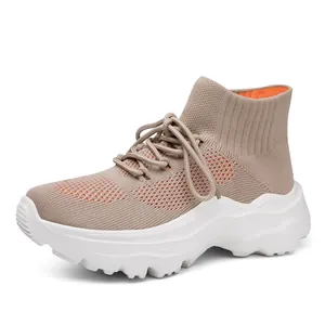 Beige breathable fly-knit high-top sneakers with thick white platform sole for women