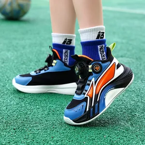 Professional breathable boys basketball shoes with rotary buckle in blue and orange