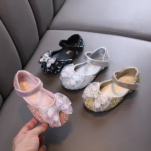 Mädchen Prinzessin Mary Jane Schuhe Strass Künstliche Perle Schleife Tanz Performance Glitzernde PU Leder Flache Schuhe