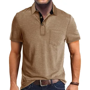 Close-up of a men's khaki short-sleeved Polo shirt with a chest pocket and shirt collar.