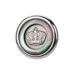 Premium silver-tone button with crown emblem and iridescent mother-of-pearl inlay