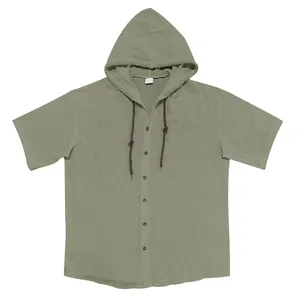 Chemise décontractée à manches courtes avec capuche, cordon et texture en coton-lin