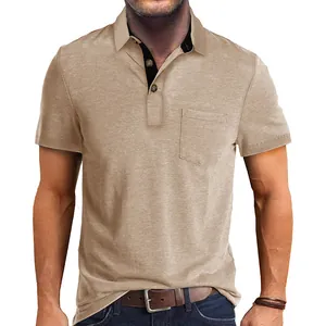 Detail of men's tan cool-feel polo shirt with chest pocket and contrast collar.