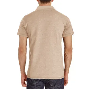 Back view of a light brown cooling short-sleeved men's polo shirt featuring a lapel collar