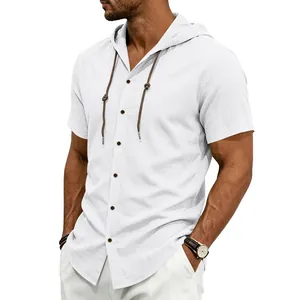 Camicia casual da uomo in lino bianco traspirante a maniche corte con cappuccio