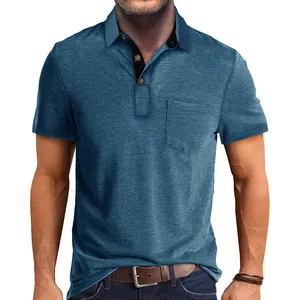 Men Summer Cool Feel Polyester Short Sleeve Polo Shirt Retro Lapel Patchwork Design Casual Top For Men