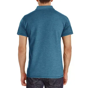 Back view of a men's cooling polo shirt in textured teal blue with a neat lapel collar