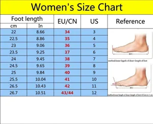 Detailed size chart for women's high heel sandals showing foot length in cm and inches.