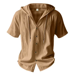 Vooraanzicht kaki herenshirt met korte mouwen, capuchon en katoen-linnenmix