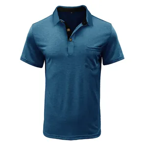 Detailed view of men's blue short sleeve polo shirt with chest pocket and cooling fabric