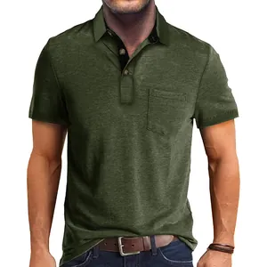 Close-up of men's dark olive green polo shirt featuring a chest pocket and lapel collar