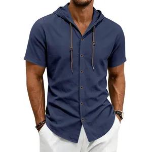 Camicia a maniche corte con cappuccio in lino blu navy da uomo, stile estivo casual.