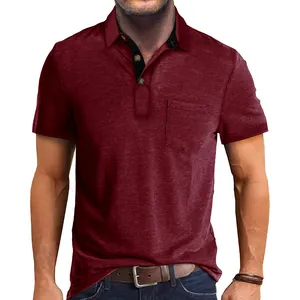 Detailed view of a men's burgundy heathered polo shirt featuring a contrast collar and pocket