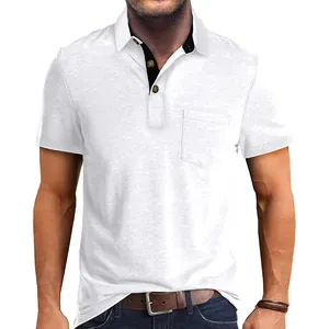 Front view of men's white polo shirt with pocket and contrast collar lining