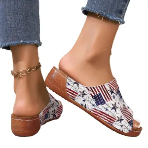 Women's wedge sandals with American flag print and comfortable round toe