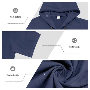 Dettagli della camicia di lino con cappuccio blu navy: collo, polsini e trama del tessuto.