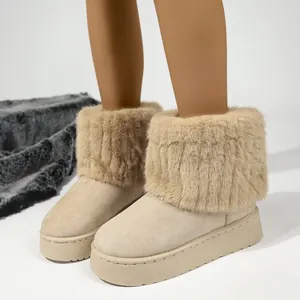 Dames Halverwege de Kuit Sneeuwlaarzen Winter Warm Kunstbont Trim Dikke Zool Koeiensuède Instap Thermische Schoenen