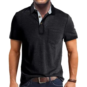 Close-up front view of men's cooling short sleeve polo shirt in heathered charcoal grey