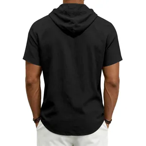 Vista posteriore di una camicia casual con cappuccio in lino nero traspirante da uomo
