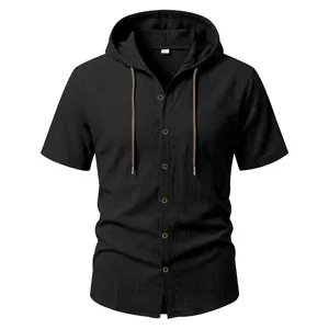 Camicia casual da uomo in lino nero con cappuccio e maniche corte in cotone