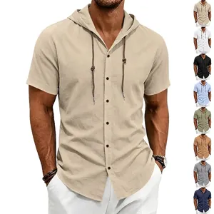 Camicia da Uomo Casual in Lino a Manica Corta Con Cappuccio Sottile Traspirante Tinta Unita Monopetto T-Shirt Con Coulisse Top Estivo