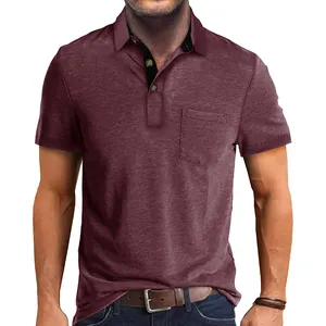 Men's short-sleeve polo shirt in maroon with a front pocket and contrast collar detail