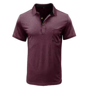 Close-up of a burgundy short-sleeve polo shirt with a single chest pocket detail
