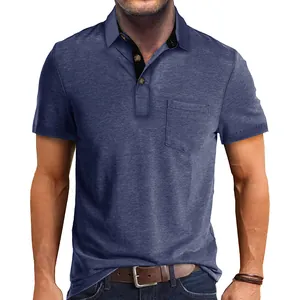 Men's cool-feeling blue heathered polo shirt with short sleeves and pocket detail