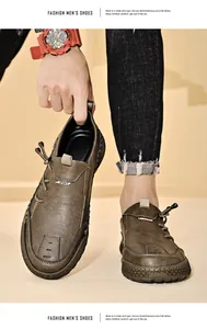 Close-up detail of men's handmade casual leather shoes with thick non-slip rubber sole.