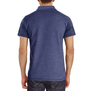 Back view of a men's navy blue cooling short sleeve polo shirt with heathered texture