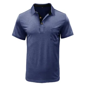 Detailed view of a blue men's Polo shirt with a chest pocket and soft textured fabric