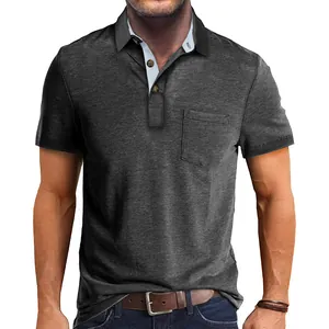 Frontal detail of charcoal grey men's polo shirt with contrast collar and chest pocket