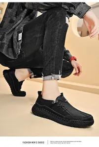 Men's black hand-stitched casual leather shoes with thick platform soles and slip-on design