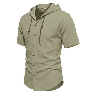 Camicia da uomo in lino verde oliva con cappuccio, coulisse e bottoni frontali