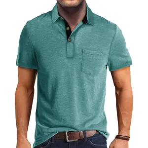 Men's teal short-sleeved polo shirt featuring a classic lapel collar and chest pocket detail.