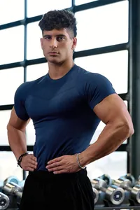 Detail view of men's navy blue high-elastic tight-fitting athletic training t-shirt