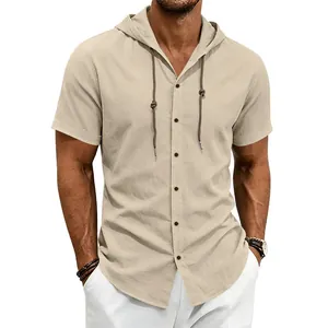 Camicia estiva da uomo in lino con cappuccio a maniche corte in tessuto beige traspirante