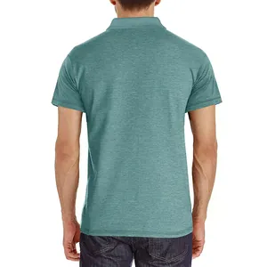 Detailed back view of a men's cool-feel short-sleeved polo shirt in a teal marl textured fabric
