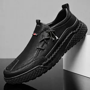 Men's Casual Slip-On Leather Shoes Fashionable Hand-Stitched Thick Sole Loafers Non-Slip Breathable Spring Autumn Fashion Shoes
